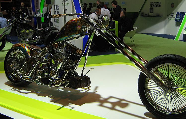 A very trick, shiny, specially painted and incredibly highly finished custom cruiser motorcycle