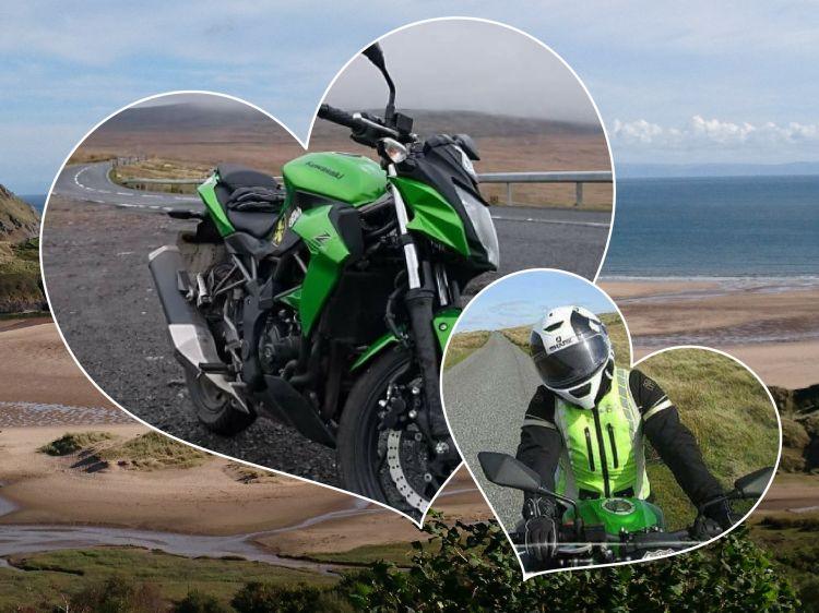 A collage of Sharon's motorcycle in various rural landscapes in Pembrokeshire