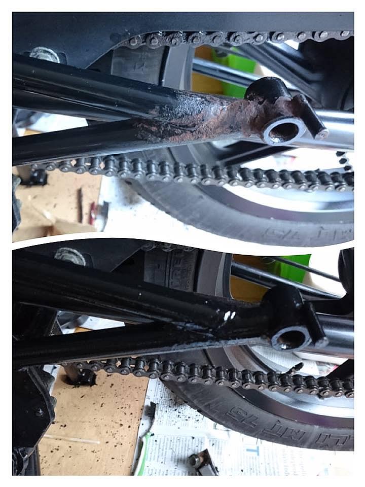 a split image showing the rear footrest frame rusty on top and painted below