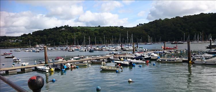 hundreds of small boats spread out across the estuary with trees on the steep river banks at Dartmouth