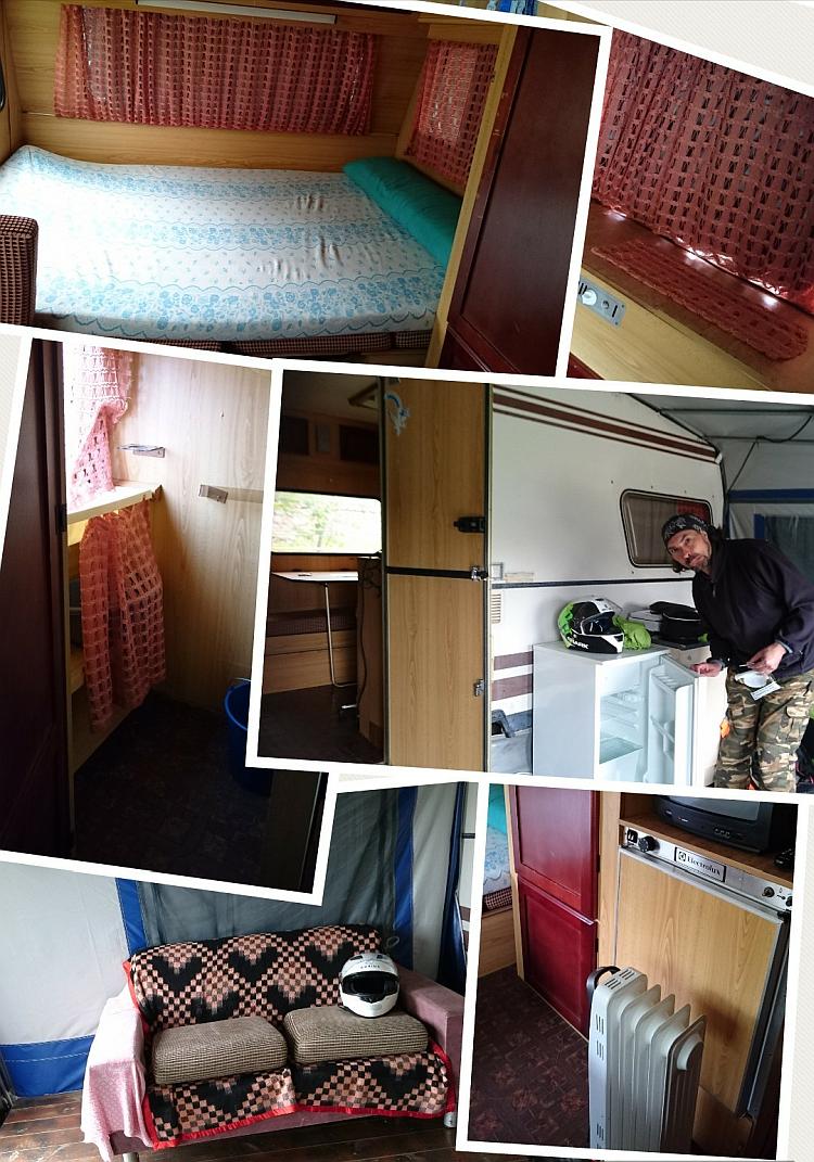 A montage of the inside of the basic, old, faded and ramshackle caravan