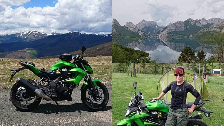 A montage of Sharon looking cool, the Kawasaki and some amazing scenery from her travels