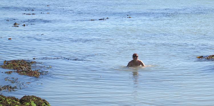 Sharon taking a very gentle swim in the calm waters off the Devonshire coast