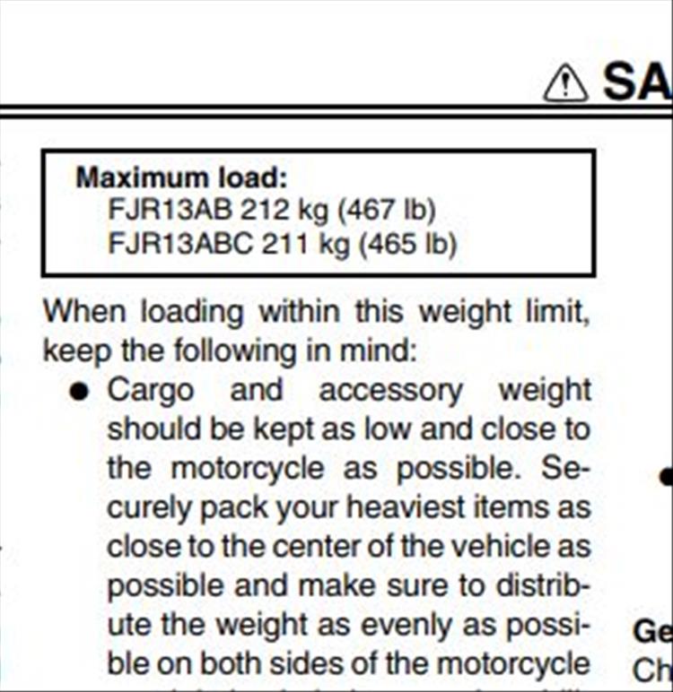 From the manual the FJR1300 can carry 212kg
