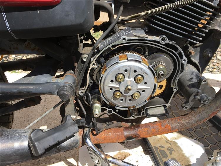 Close view of the clutch and other engine internals on Borsuk's 125