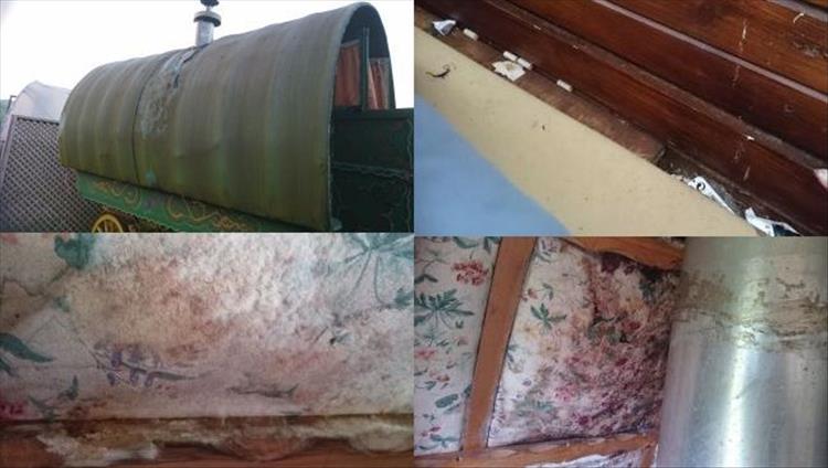 Montage of unclean, mouldy and worn out gypsy caravan