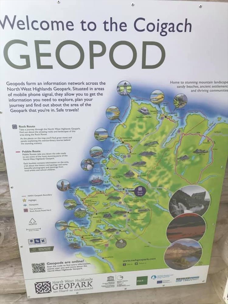 A sign showing geological points in north west scotland as part of a route