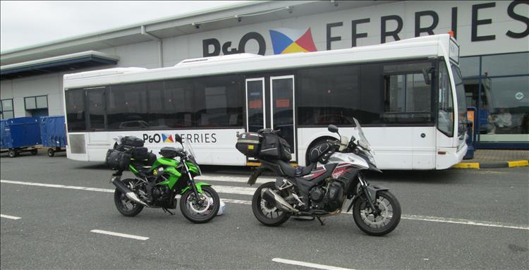 The 2 motorcycles at Cairnryan port ready to board the ferry to Larne