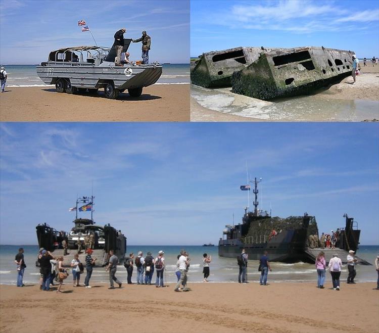 Montage of landing modern landing craft and the remains of the mulberry harbour