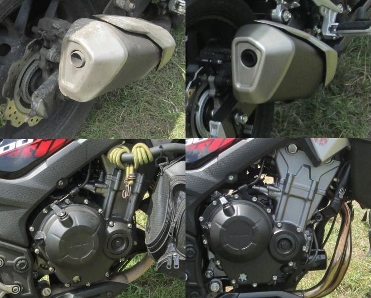 On one side are dirty parts on Rens 500, on the other are the same clean parts on Ross's bike