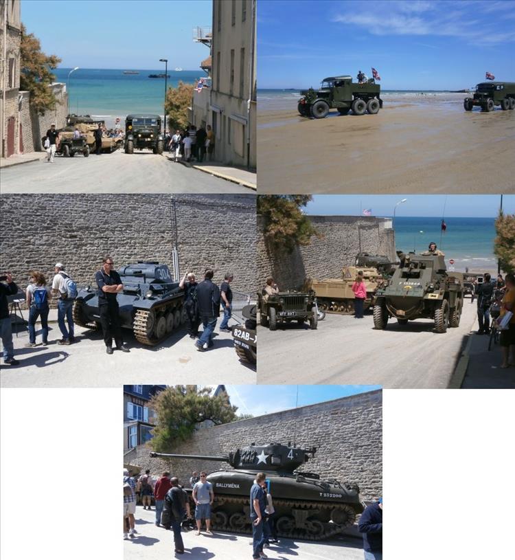 Montage of tanks, armoured vehicles, beautiful beaches and the D-Day anniversary