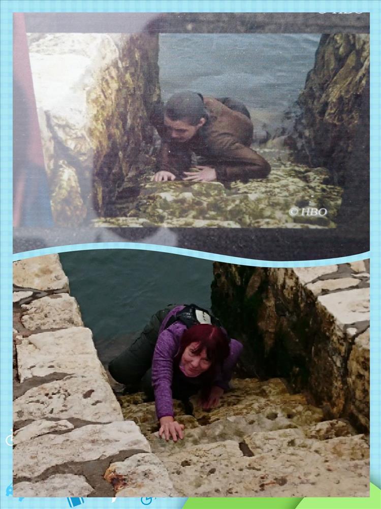 Montage Arya crawls out the sea on steps, Sharon recreates the scene