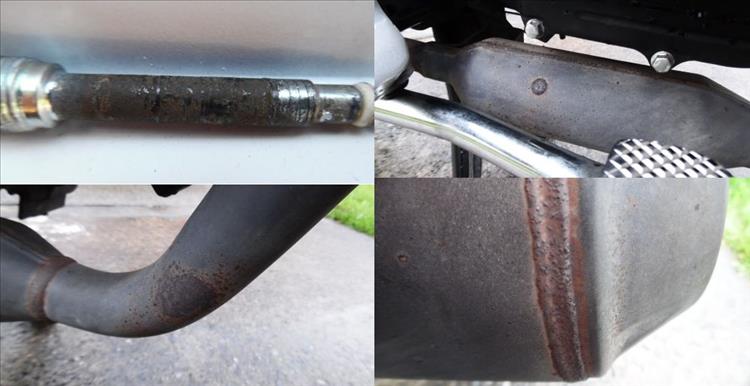 Montage of exhaust rust and the corroded brake pin