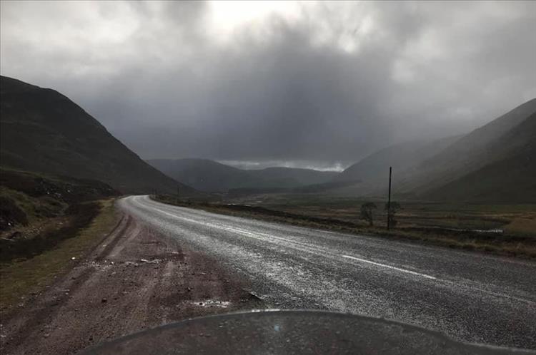 Huge overbrearing mountains and grey skies, just as the weather improves out of Braemar