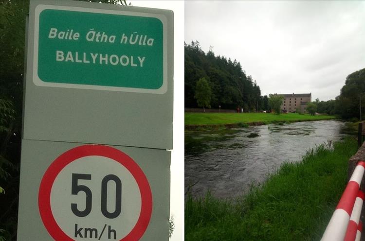 Combined image of the Ballymoony sign and a river flowing through the countryside