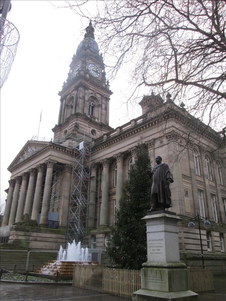 Bolton Town hall with grand stairs, clock tower and colonnades