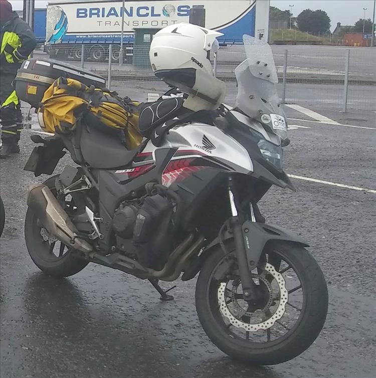 The CB500X wth light luggage in the waiting lanes at Larne ferry terminal