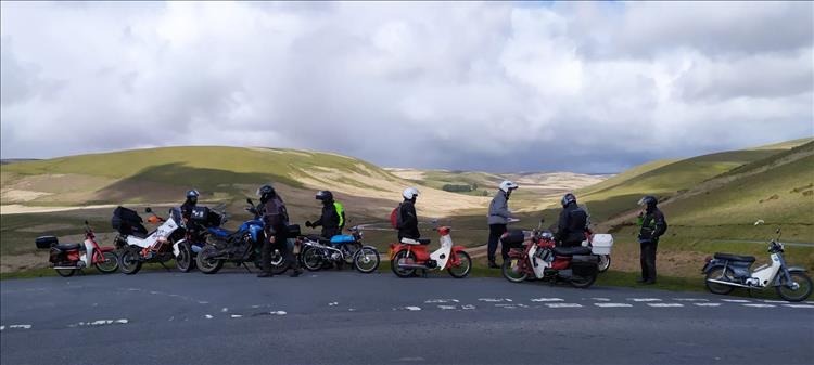 In a layby a collection of mostly Honda Cubs with riders take a moment in the countryside