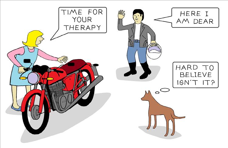 A lady suggest to her partner that it's time to ride the motorcycle, or therapy time