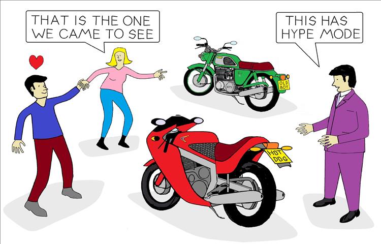 Cartoon man years for modern sports bike as partner leads them to an old machine
