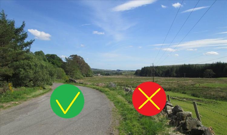 A country road with a green tick on the tarmac and a red cross in the wall and ditch