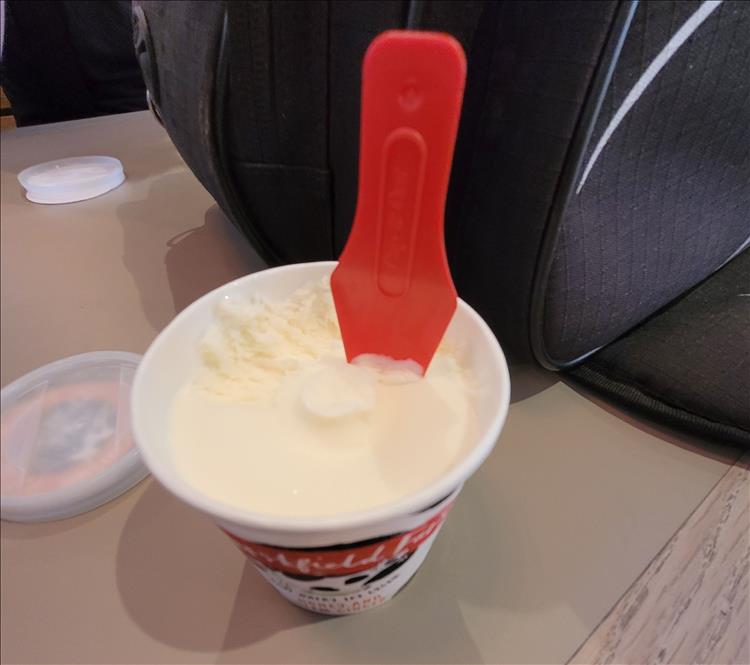 A small tub of ice cream and a plastic spoon to eat it with