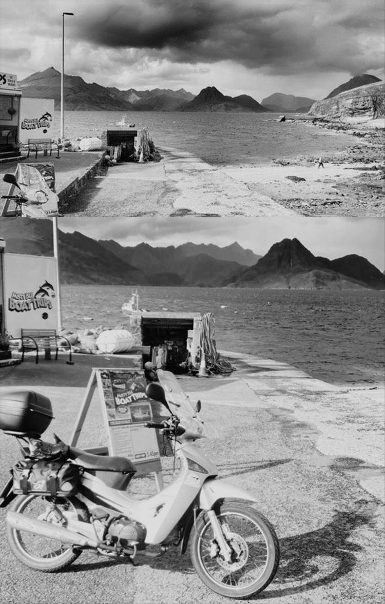 Montage of big mountains and the slope of the slipway, complete with Mick's Innova