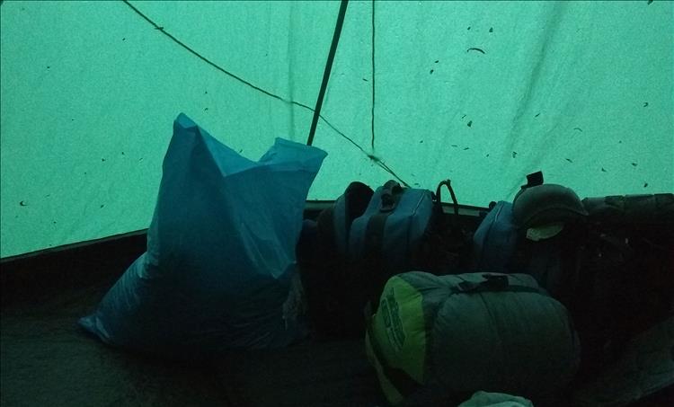 In the tent it's green-gray and grim