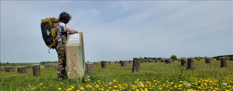 Ren, with a massive bag on his back, looks over the concrete stumps of woodhenge