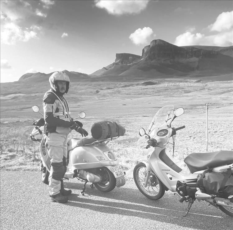 In black and white we see Rev. Mick!'s friend and their 2 bikes on the Isle of Skye
