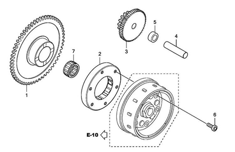 Exploded diagram showing the starter clutch and associated parts