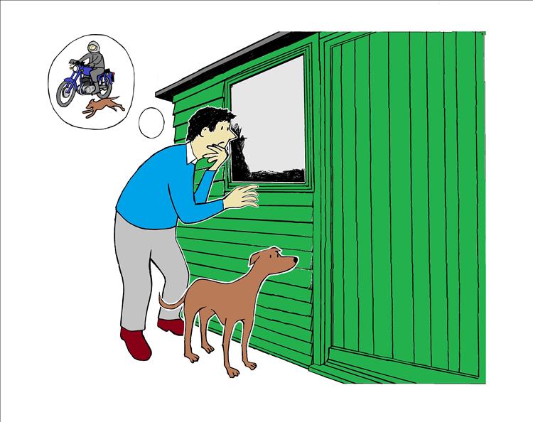 A chap and his dog look through a shed window as he imagines riding a motorcycle