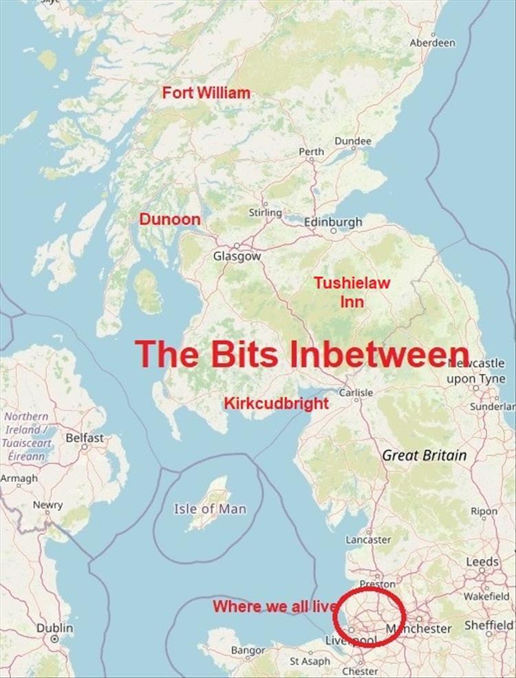 The silly map including Kirkcudbright, Dunoon And Tushielaw Inn