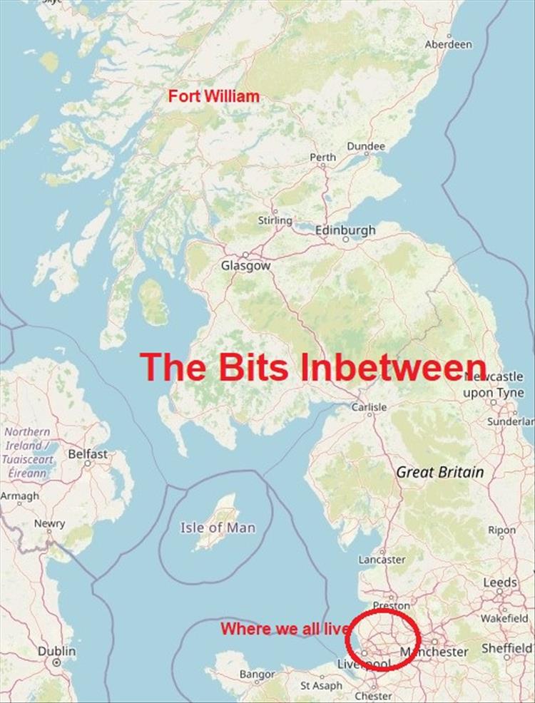 A silly map from Manchester to Fort Willian and all the bits inbetween