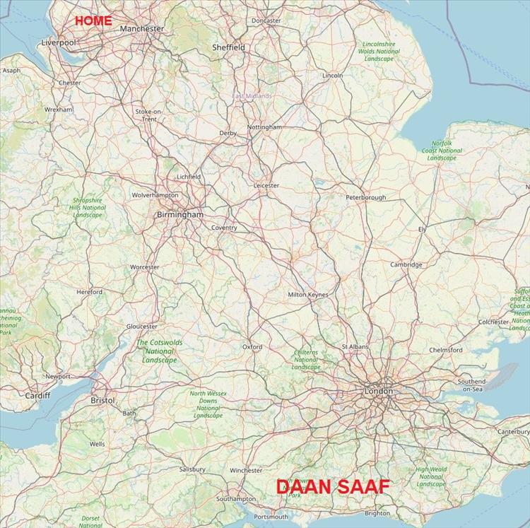 A map of england with HOME and DAAN SAAF in the areas Ren's talking of