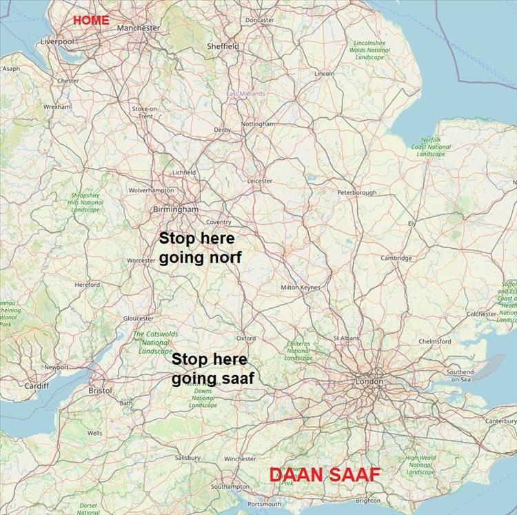 Silly map with the locations of where they plan to stop heading south and north