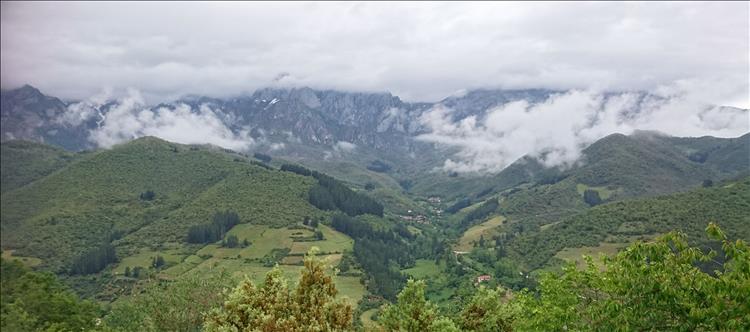 Lush Green valley and misty mountains at The Picos