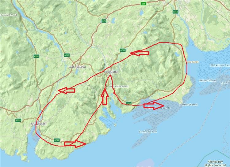 A map around Kippford with a very simple line around the route Ren hopes to travel