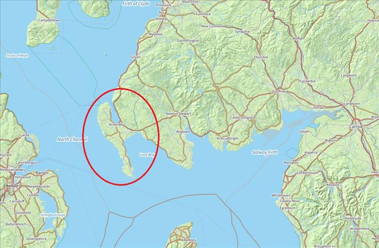 A map showing the area around Stranraer and the Rhins Of Galloway peninsular is circled