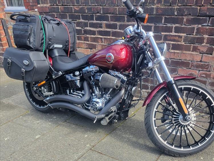 A low rider Harley with saddlebags and a big bag on the pillion seat