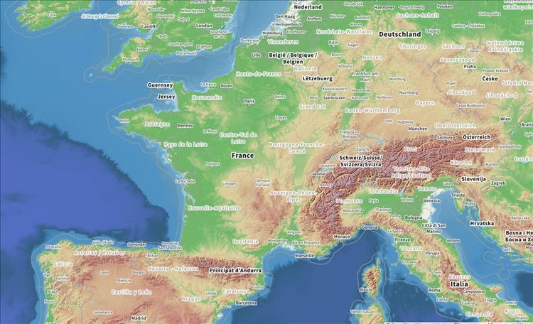 Map showing southern England, France, The Alps and Norther Spain's mountain regions