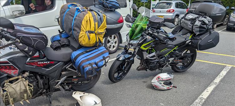 The Z400 and CB500X fully loaded with camping gear and all the things needed for a week away