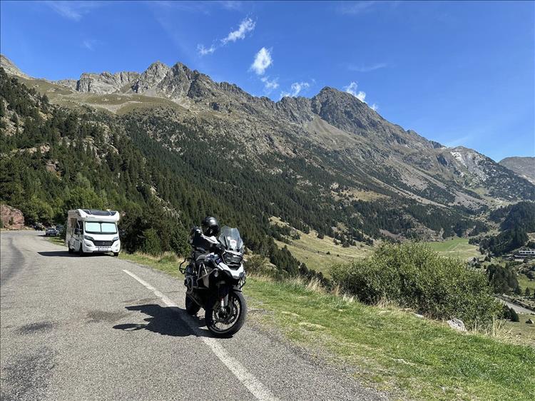 A GS1250 and a motorhome in the Pyrenees