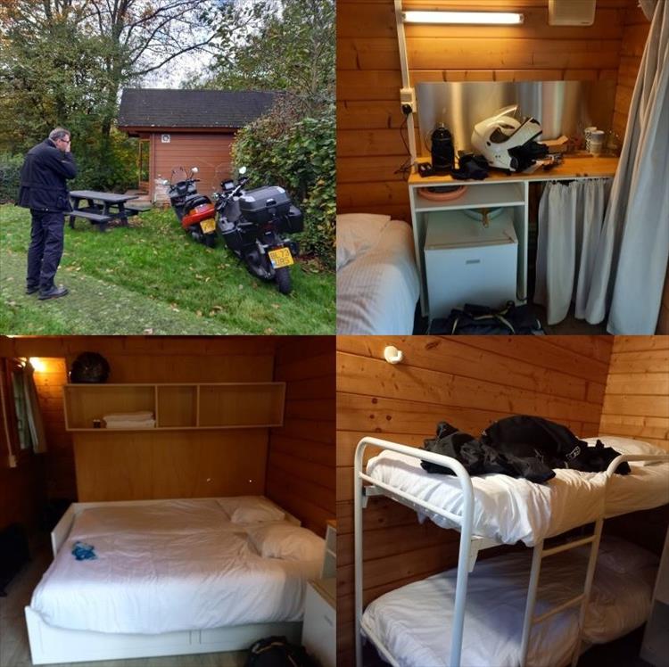 Montage of the "shed" or pod with beds and very basic facilities