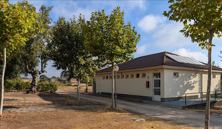 A typical large toilet block, dry grassless pitches and thin trees