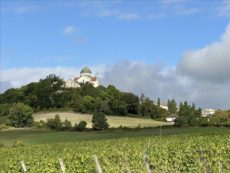 A domed tower and what appears to be a church atop a tree filled hill