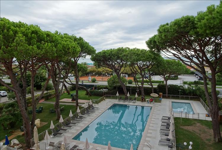 Looking down at the hotel pool from the balcony, there's trees and pleasant surroundings