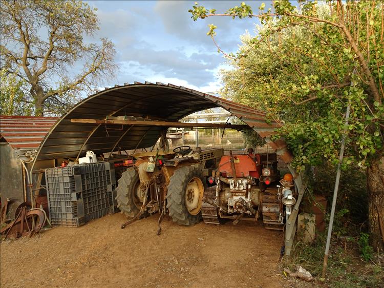 A tractor and a tracked tractor, old and dusty in a tin arched shed