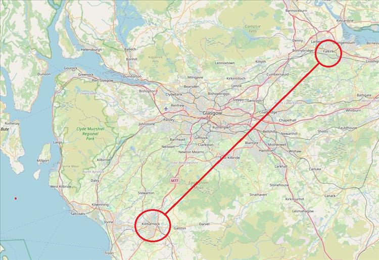 A simple map with Kilmarnock and Falkirk circled, showing the towns between