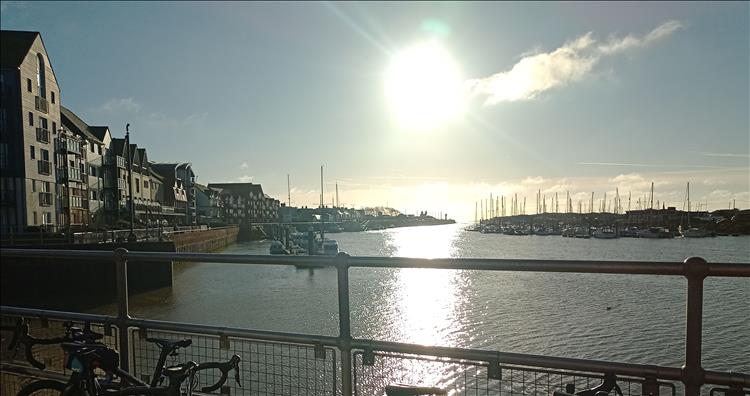 Bright winter sun over the harbour at Littlehampton